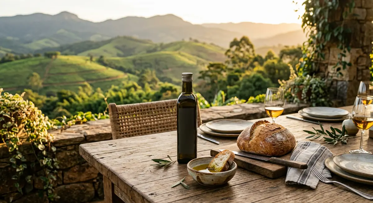 Mesa posta elegante em terraço com vista para as colinas da Serra da Mantiqueira, destacando azeite extravirgem e pão artesanal.