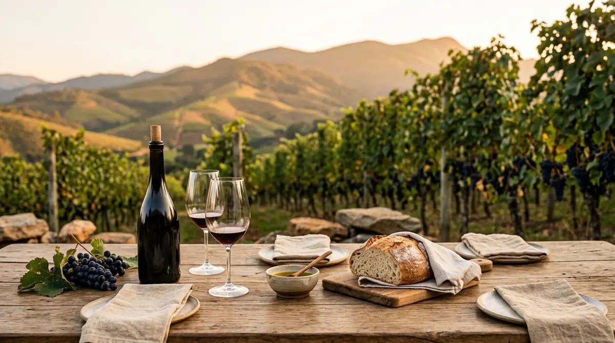 Mesa posta elegante em um vinhedo da Serra da Mantiqueira ao pôr do sol, com vinhos e azeites da Vinícola Essenza.