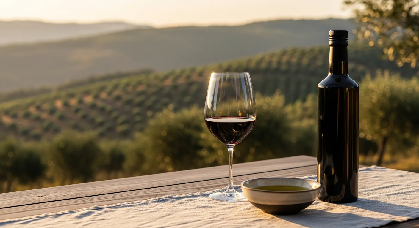Mesa posta com vinho e azeite em cenário de vinhedos e oliveiras na Serra da Mantiqueira ao pôr do sol.
