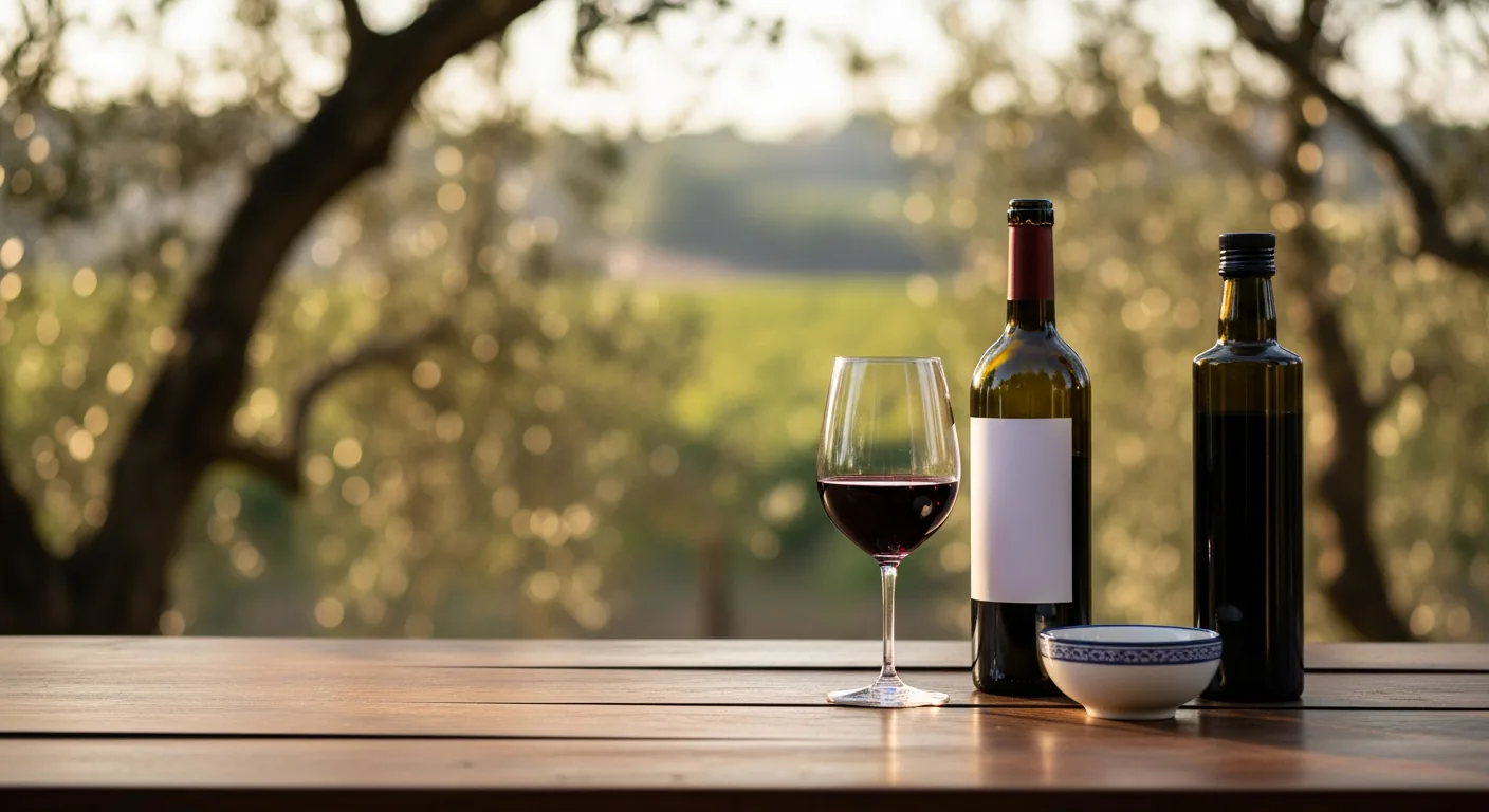 Mesa posta sofisticada na Serra da Mantiqueira com vinho e azeite extravirgem ao entardecer.