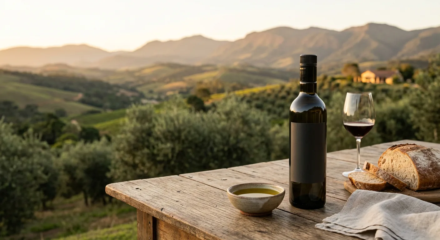Mesa posta com vinhos e azeites da Vinícola Essenza em um cenário de vinhedos na Serra da Mantiqueira durante o pôr do sol.