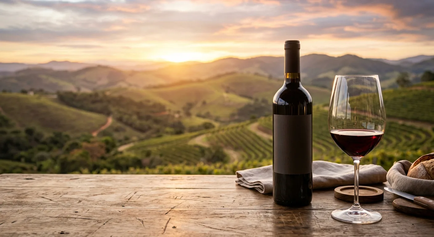 Taça de vinho tinto sobre mesa de madeira com vinhedos da Serra da Mantiqueira ao fundo durante o pôr do sol.