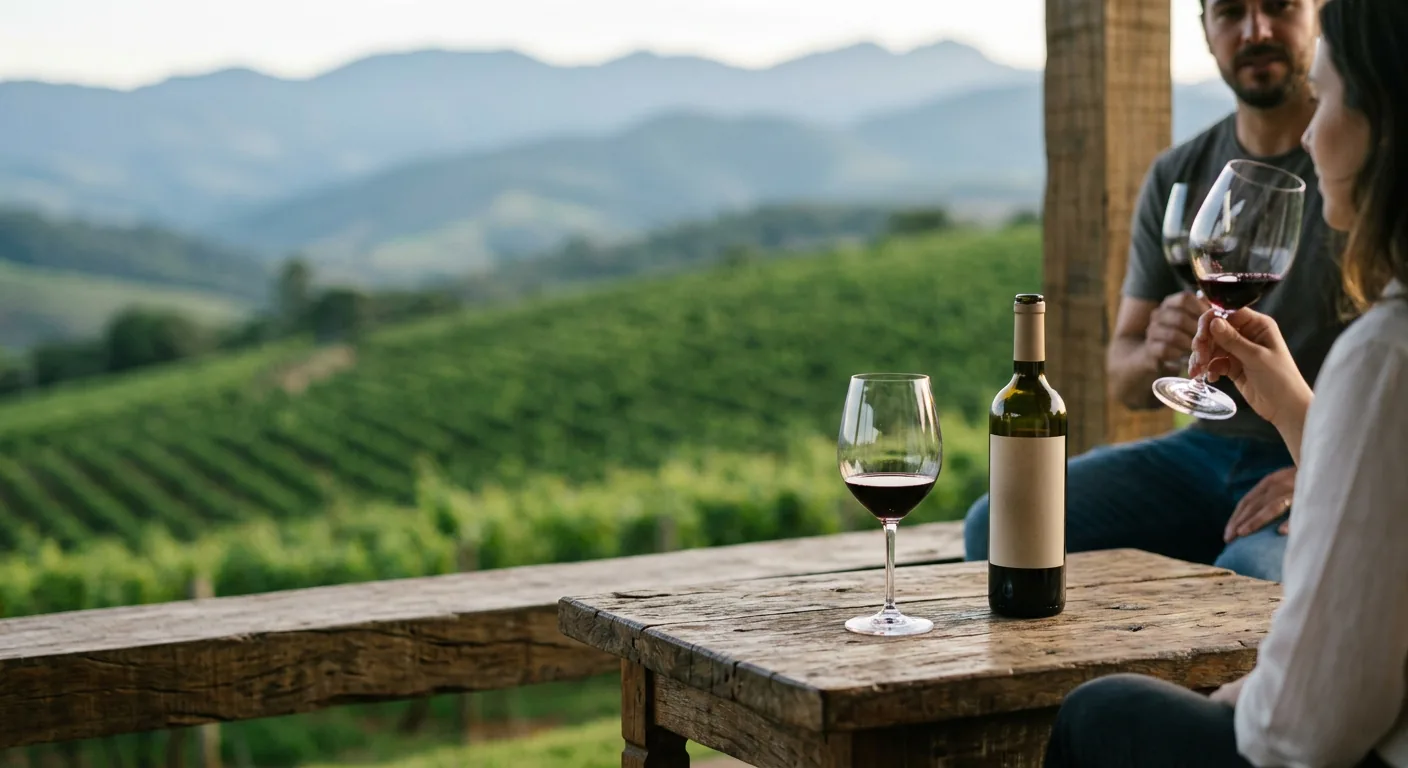 Taça de vinho tinto sobre mesa de madeira em vinícola boutique com vista para as montanhas da Serra da Mantiqueira.